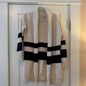 Max Studio Long Cream & Black Striped Cotton Blend Cardigan Sweater